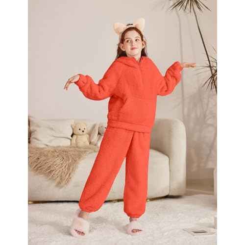 Arshiner Girls 2 Piece Outfits Drop Shoulder Hoodie Half Zip Fluffy Sweatshirt and Fleece Pants Sweatsuit