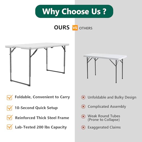 FurniEdge 4ft Folding Table with Adjustable Height, Heavy Duty Fold-in-Half Plastic Table with Steel Legs, Portable for In...