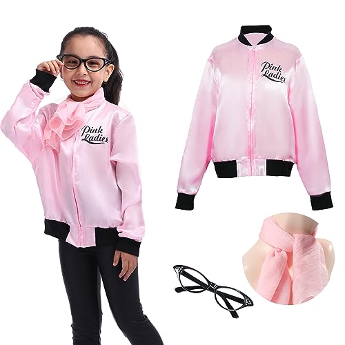 Leadtex 1950s Girls Party Pink Ladies Jacket Grease Costume with Chiffon Pink Neck Scarfs and Black Cat Eye Glasses