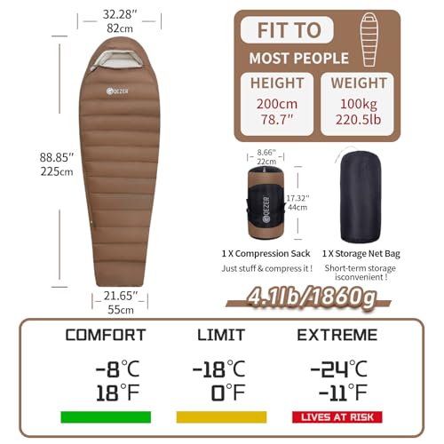 QEZER 0 Degree Sleeping Bag for Adults 650 Fill Power Down Sleeping Bag for Cold Weather -20F / -8F / 0F / 10F Large Light...