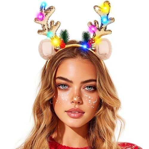 CAKURE Light Up Reindeer Antlers Headband LED Glow Christmas Headbands Deer Ears Hair Bands Holiday Xmas Headwear for Women