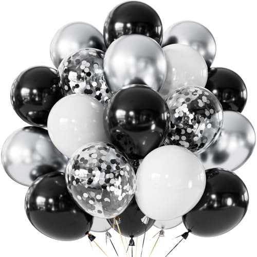 Black and Silver Balloons, 60 Pcs 12 In Metallic Silver, Black, White & Confetti Balloons for New Year’s Eve, Countdown Pa...