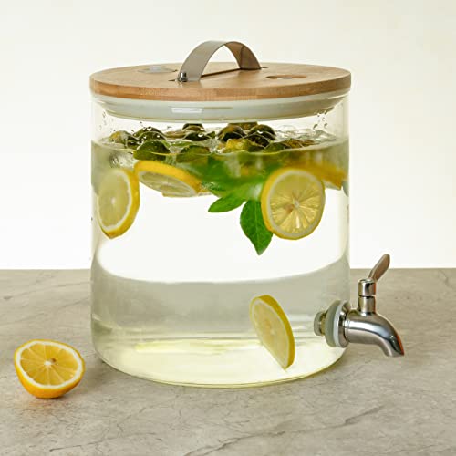 l‘ÉPICÉA Glass Drink Dispenser with Wood Stand,Cold Glass Beverage Dispenser for Party,Large Lemonade Dispenser Jar with S...