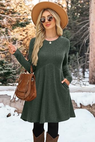 OFEEFAN Long Sleeve Dress for Women Crew Neck Empire Waist Tunic Dress with Pockets