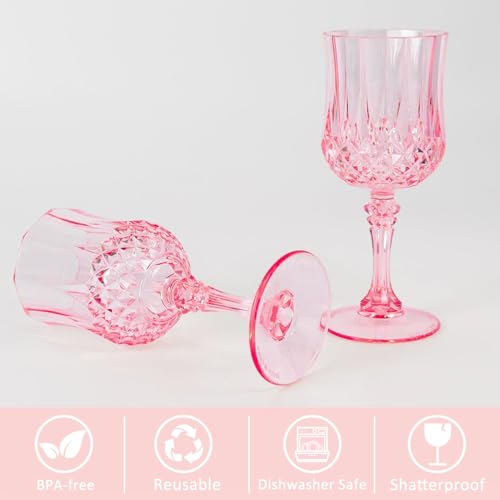 Deritec Plastic Goblets Plastic Wine Glasses 24 PCS, 7oz Pink Goblets Glassware Disposable Cups for Wedding Reception, Gra...