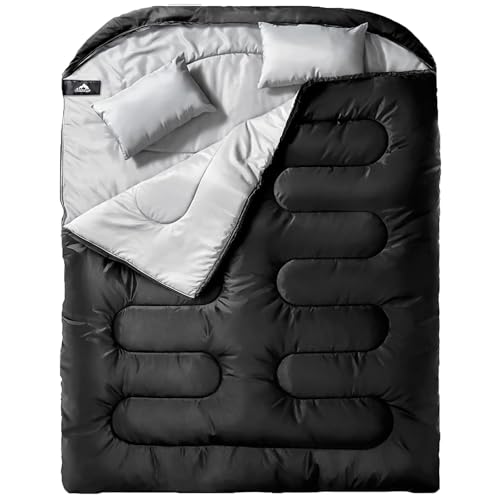 MEREZA Double Sleeping Bag for Adults Mens with Pillow, XL Queen Size Two Person Sleeping Bag for All Season Camping Hikin...