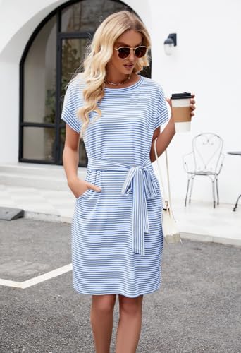 MEROKEETY Women's 2026 Summer Casual Dress Short Sleeve Crewneck Striped Tie Waist Work Trendy T Shirt Dresses