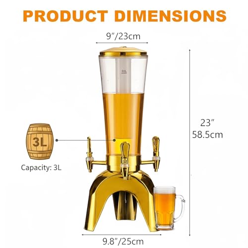 GRIPITHPY 100oz/3L Beer Dispenser, LED Light-Up Drink Tower with 3 Taps, Detachable Party Beverage Dispenser for Beer Soda...