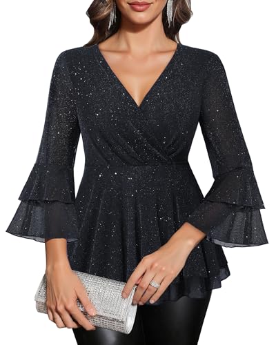 Lotusmile Women's Dressy Blouses Ruffle 3/4 Sleeve Peplum Sparkly Tops