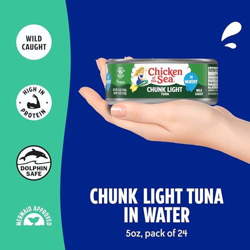 Chicken of the Sea Wild Caught Chunk Light Tuna, 5 Ounce Cans, 24-Count – High Protein 100% Classic Chunk Tuna in Water – ...