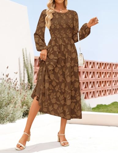 ZESICA Women's Fall Boho Floral Midi Dress 2026 Casual Long Sleeve Crewneck Flowy Wedding Guest Long Dresses