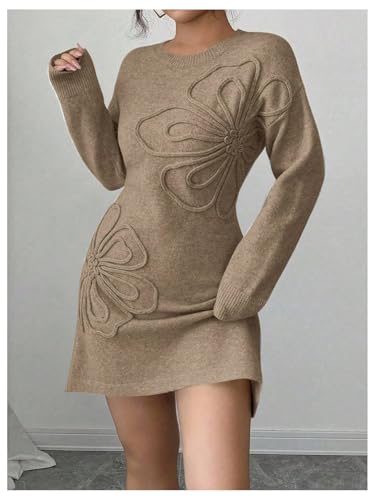 Verdusa Women's Floral Jacquard Sweater Dress Elegant Long Sleeve Short A Line Dresses Fall Clothes Festival Outfits