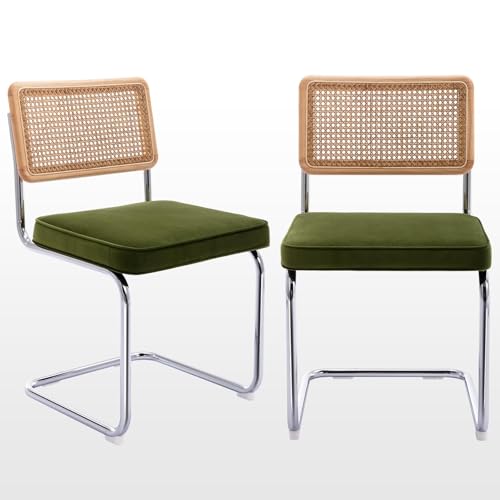Zesthouse Natural Rattan Dining Chairs Set of 2, Olive Green Modern Kitchen Chairs with Solid Wood Back & Chrome Base, Mid...