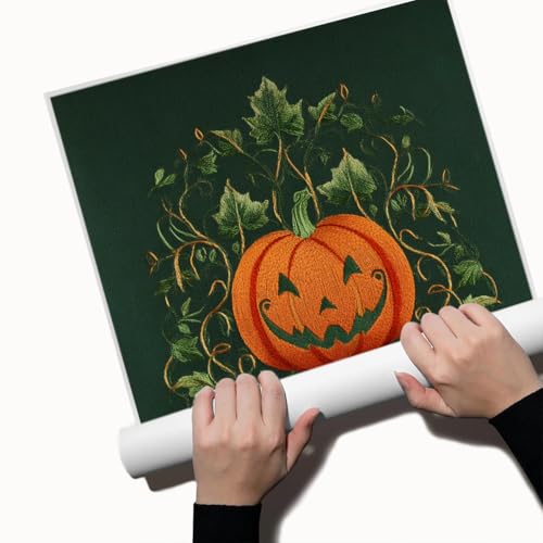 Embroidered Pumpkin Wall Art – Halloween Jack-o'-Lantern with Vines on Green Fabric Texture, Gothic Vintage Textile Style Canvas Print for Living Room-16x20Inch Ready to Hang(Unframed)