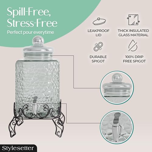 Style Setter Homestead Beverage Dispenser Cold Drink Dispenser w/ 2.5-Gallon Capacity Glass Jug, Metal Rack & Leak Proof A...