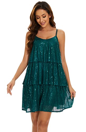 FANSI NOVA Women's Glitter Sequin Dress Adjustable Spaghetti Strap V Neck Fashion Sparkle Layered Evening Party Dress