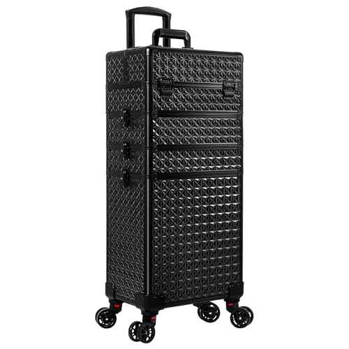 AROUS 5 in 1 Rolling Makeup Train Case Cosmetology Case on Wheels Large Cosmetic Organizer Travel Cart for Hairstylist Artist Nail Beauty Salon Barber,Black