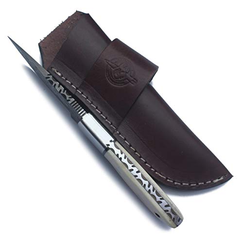 WolfKlinge Handmade Damascus Steel Fixed Blade Knife with Full Tang Bone Handle and Premium Buffalo Hide Leather Sheath fo...