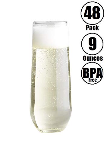Oojami 9 oz Flute 48 piece Premium Quality Recyclable Unbreakable Crystal Clear Plastic Champagne Glasses Flute in Bulk