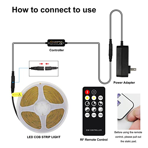 AXMOTUT COB LED Strip Light Warm White, High Bright LED Strips with 2400LEDs, RF Remote and UL Power Supply, 3000K Dimmabl...