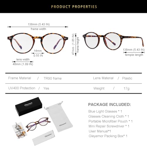 Gleyemor Blue Light Glasses for Men Women, Vintage Round Frame Computer Eyeglasses