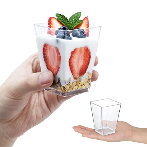 SHOPDAY 5 oz Plastic Dessert Cups 50 Pack Small Clear Square Parfait Cups with Spoons, Mini Plastic Tumbler Serving Cups f...