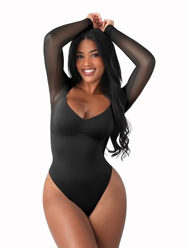 FeelinGirl Long Sleeve Bodysuit for Women Sexy Mesh V Neck Body Suits Thong Corset Top Going Out Outfits for Party