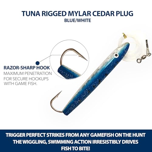 4" Cedar Plugs, 6 Pcs Blue/White Rigged, for Saltwater Fishing, Includes Lure Bag, Ideal Offshore Trolling Gear for Tuna