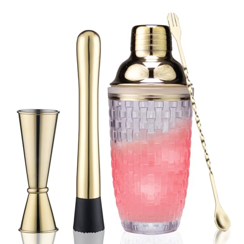 FayuuGem Gold Cocktail Shaker Set - 13oz Glass Mixing Kit with Secure Seal Lid & 4 Bar Tools, Home Bartender Essentials fo...