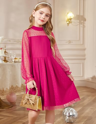 Arshiner Girls Dresses Contrast Mesh Puff Long Sleeve Mock Neck Formal Party A Line Short Tulle Dress