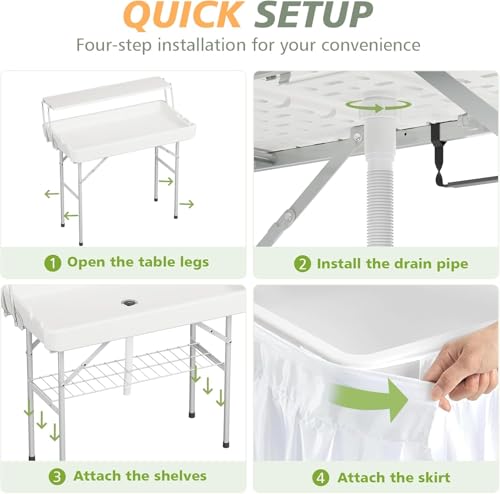 LHBcraft Outdoor Ice Cooler Folding Table with Extra Storage Shelf,Ice Tables for Parties with Drain,Cooler Server for Cam...