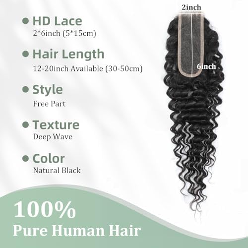 2x6 HD Lace Closure Loose Deep Wave Human Hair 20 Inch - 0.10mm Ultra-thin Invisible Burmese Curly 2 by 6 Closure, 100% Pre Plucked Brazilian Raw Virgin Hair Skinlike HD Lace Closure Wet and Wavy