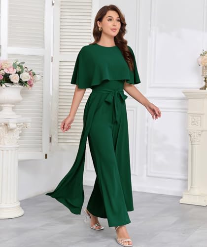 DGHBVS Jumpsuits for Women Dressy Casual One-Piece Outfits Elegant Formal Cape Belted Wide Leg Rompers Evening Pantsuits