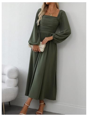 Floerns Women's Square Neck Lantern Long Sleeve Dress Split Ruched Party Midi Dresses