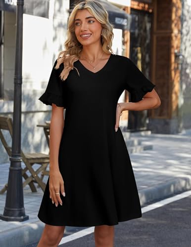 Zeagoo Summer Casual Dresses for Women A Line Sun Dress Ruffle Short Sleeve V Neck Floral Tshirt Dress with Pockets