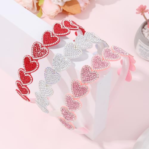 OAOLEER 3 PCS Heart Headbands for Girls,Red Pink White Rhinestone Headband Glitter Love Hairbands Party Wedding Valentines...