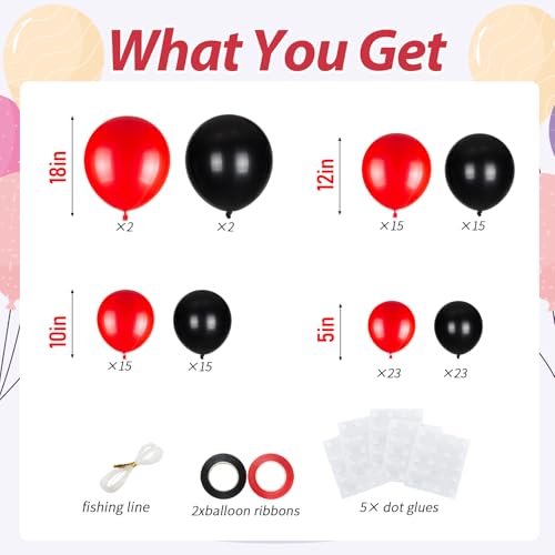 110pcs Red and Black Balloons Garland Arch Kit, 18/12/10/5 Inch Black Red Latex Balloons for Casino Poker Night, Graduatio...