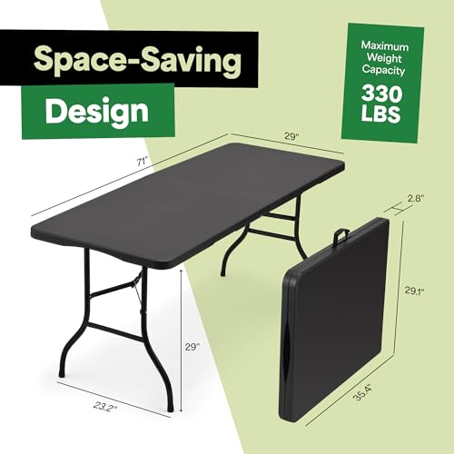 EconoHome Black 6ft Folding Table with Handle | Heavy-Duty Foldable Table | Portable Table for Indoor & Outdoor Use | Perf...