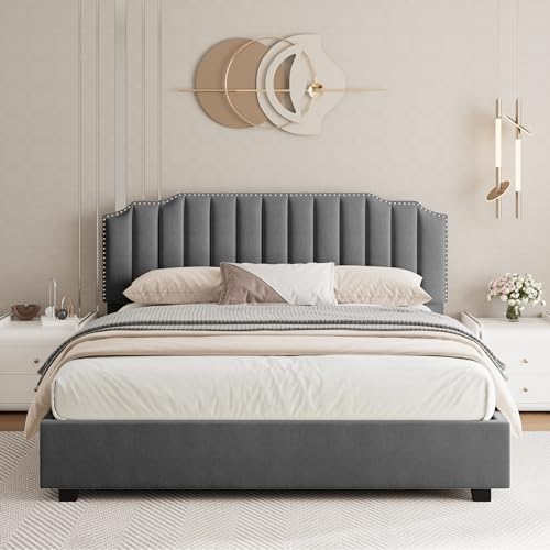 MaiDeHaoo Queen Size Lift Up Storage Bed with Headboard, Velvet Bed Frame with Headboard, Platform Bed with Lift Up Storage, Wood Slats Support, No Noise, Gray