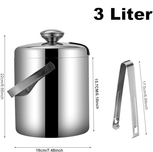3 Liter Ice Bucket with Lid Scoop Tongs Strainer, Portbale Double Wall Stainless Steel Ice Container Freezer Drinks Cooler...