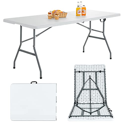 Goplus 6ft Folding Table, Indoor Outdoor Foldable Plastic Folding Tables, Heavy-Duty Rectangular Fold Up Table w/Handle, P...
