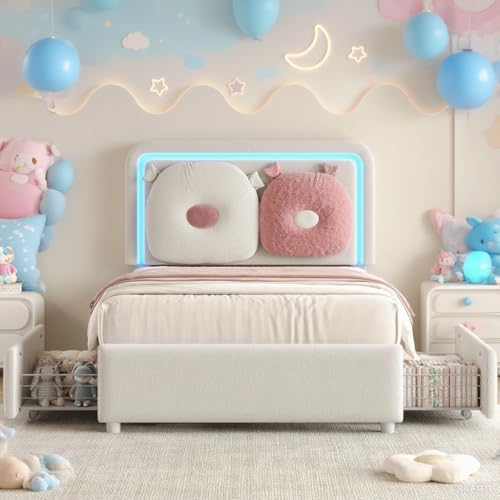 Twin Bed Frame with Boucle Upholstered Headboard, Girls Bed with 2 Drawers, Solid Wood Slats Support, No Box Spring Needed/Easy Assembly, White Twin Bed