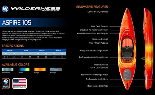 Wilderness Systems Aspire 105 | Sit Inside Recreational Kayak | Adjustable Skeg - Phase 3 Air Pro Seating | 10' 6"