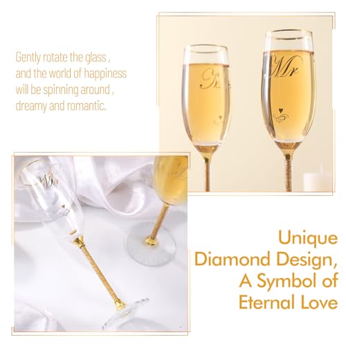 DUJUST Crystal Glass Wedding Champagne Flutes, Mr & Mrs Champagne Glasses with Handcrafted Gold Rim & 24K Gold Leaf Flake...