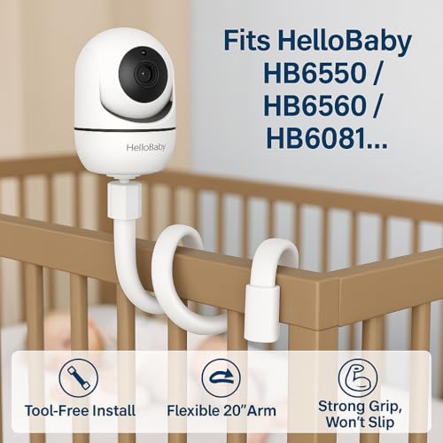 HelloBaby Baby Monitor Mount for HB6550/ Pro/ HB6560/ HB6240/ HB65/ HB6351/ HB6339/ HB66, 20 Inch Flexible Arm Bracket, Sturdy Camera Holder Attaches to Crib Cot Shelves, No Tools or Wall Damage