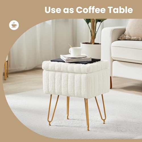 DUMOS Vanity Stool Chair Ottoman with Storage, Makeup Cute Soft Small Footstool Modern Style Faux Fur Seat with 4 Metal Legs & Adjustable Feet for Dressing Living Room Bedroom Dorm