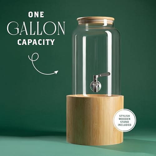 Kitchentoolz 1 Gallon Glass Drink Dispenser for Parties on Bamboo Stand - Premium Borosilicate Beverage Jar with Stainless...