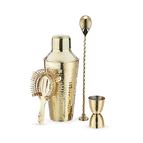 Twine 4-Piece Gold Hammered Cocktail Shaker Set Includes Cobbler Shaker, Strainer, Jigger, Bar Spoon for Classic Cocktail...