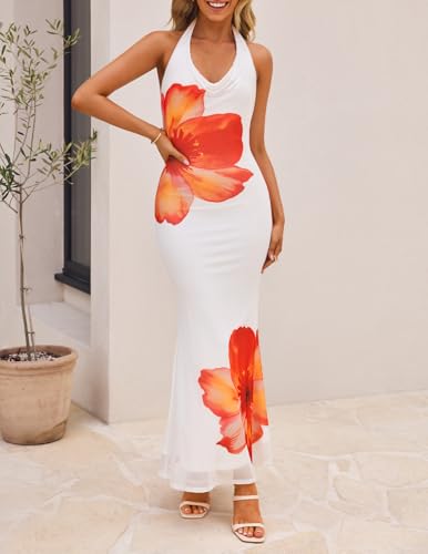 ZESICA Women's 2026 Summer Halter Neck Floral Print Maxi Dress Sleeveless Backless Wedding Guest Party Bodycon Long Dresses