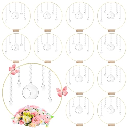 Leinuosen 12 Pack 12'' Metal Floral Hoop Centerpieces Set with Wooden Stand, Hanging Candle Holder, Acrylic Crystal Pendan...